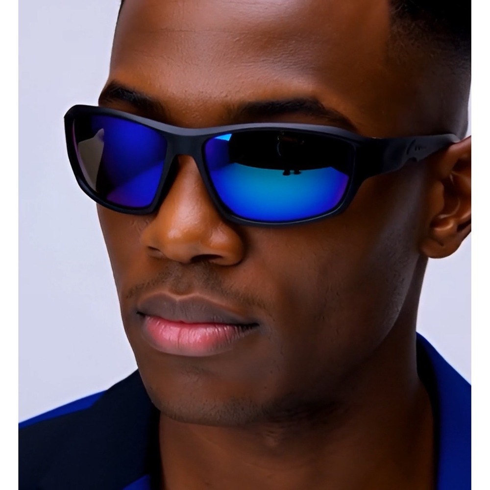 Mens Sport Sunglasses Black Frame Blue Mirror Lens UV Protection Activities 2026